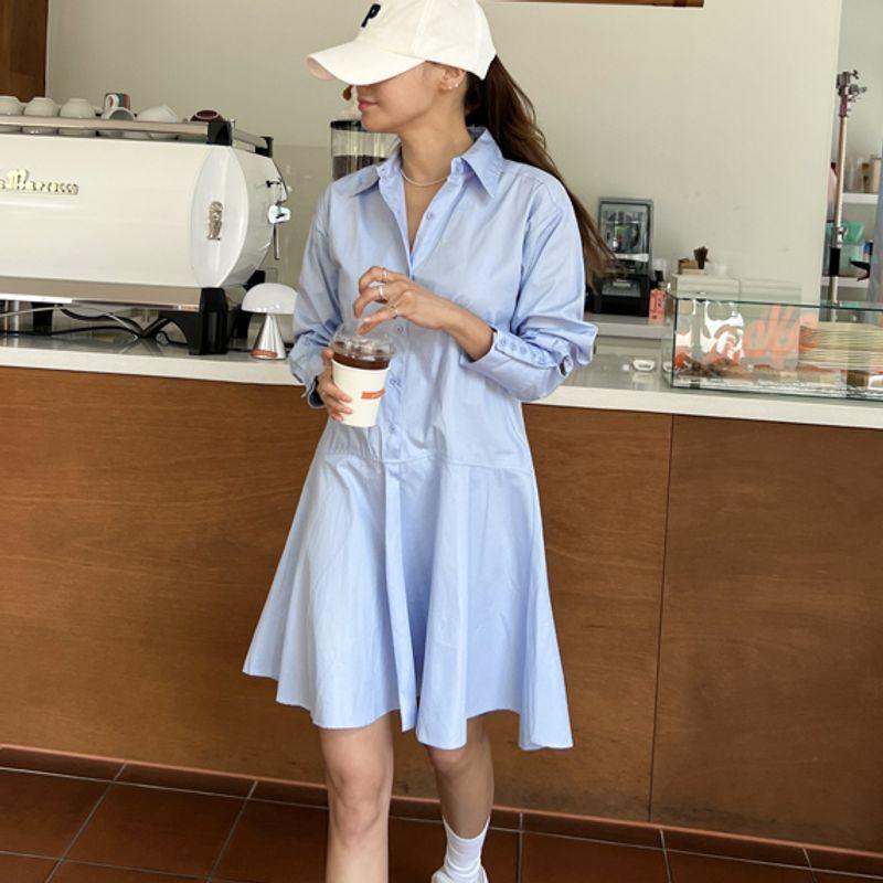 

Autumn New Plus size women clothing Long sleeve Blouse Collar Dress Pure Cotton Sweet Frill Big Hemline Long sleeve Shirt Dress Light blue 4XL