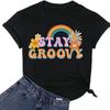 Women Stay Groovy Shirt Rainbow Floral Graphic 70s Hippie T Shirts Casual Short Sleeve Tee Top