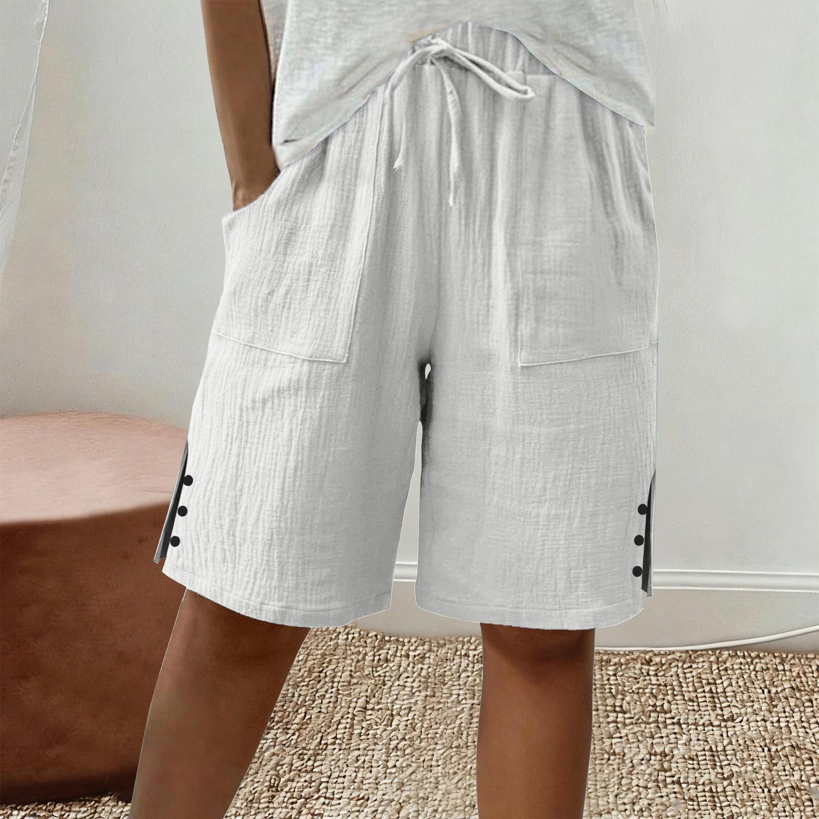 

Women s Large Shorts Summer Casual Wide Leg Knee High Waist Cotton Pocket Long Shorts XL білий