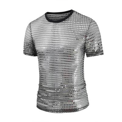 Sequined T-Shirt for Men Sparkling Dot Jazz Modern Dance T-Shirt Round Neck Short Sleeve Performance Tops 1970s Disco Tops Night