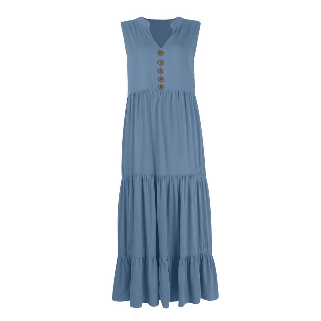 Women's Fashion Sleeveless Pleated Loose V-Neck Mid-Length Colour Dresses