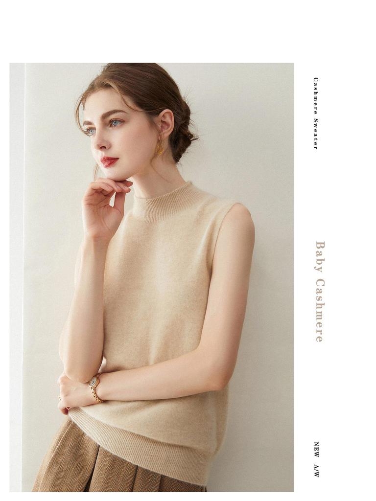 Women's Elegant 100% Pure Cashmere Half-High Collar Knitted Vest - Versatile, Fashionable Base Layer