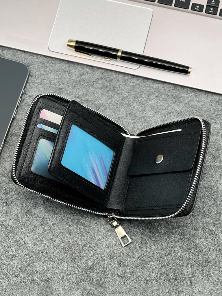 Zippered Slim Mens PU Wallet - Compact Size for Coins & Cards - Business Design