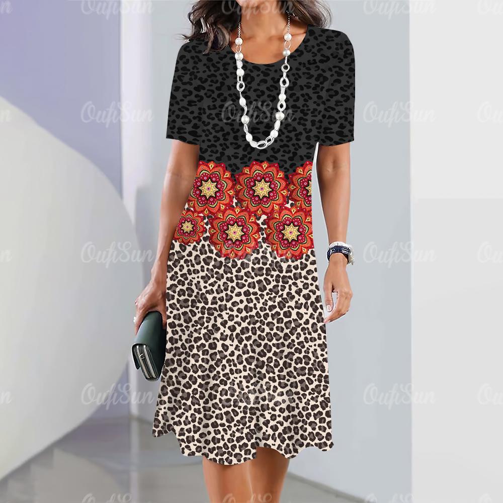 Nye damekjoler Leopard Blomstertrykk Elegante Vakre Kjoler Kvinnelig Sommer Casual Mote Klær