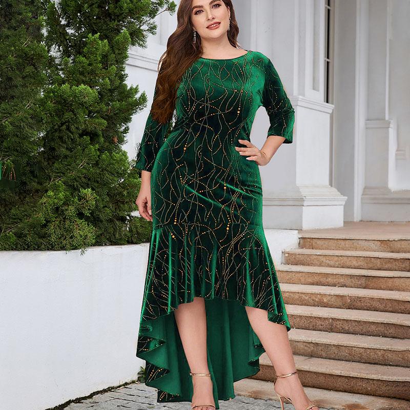 Autumn Women's Plus-size Velvet Dress Three-quarter Sleeve Long Velvet Mermaid Dress