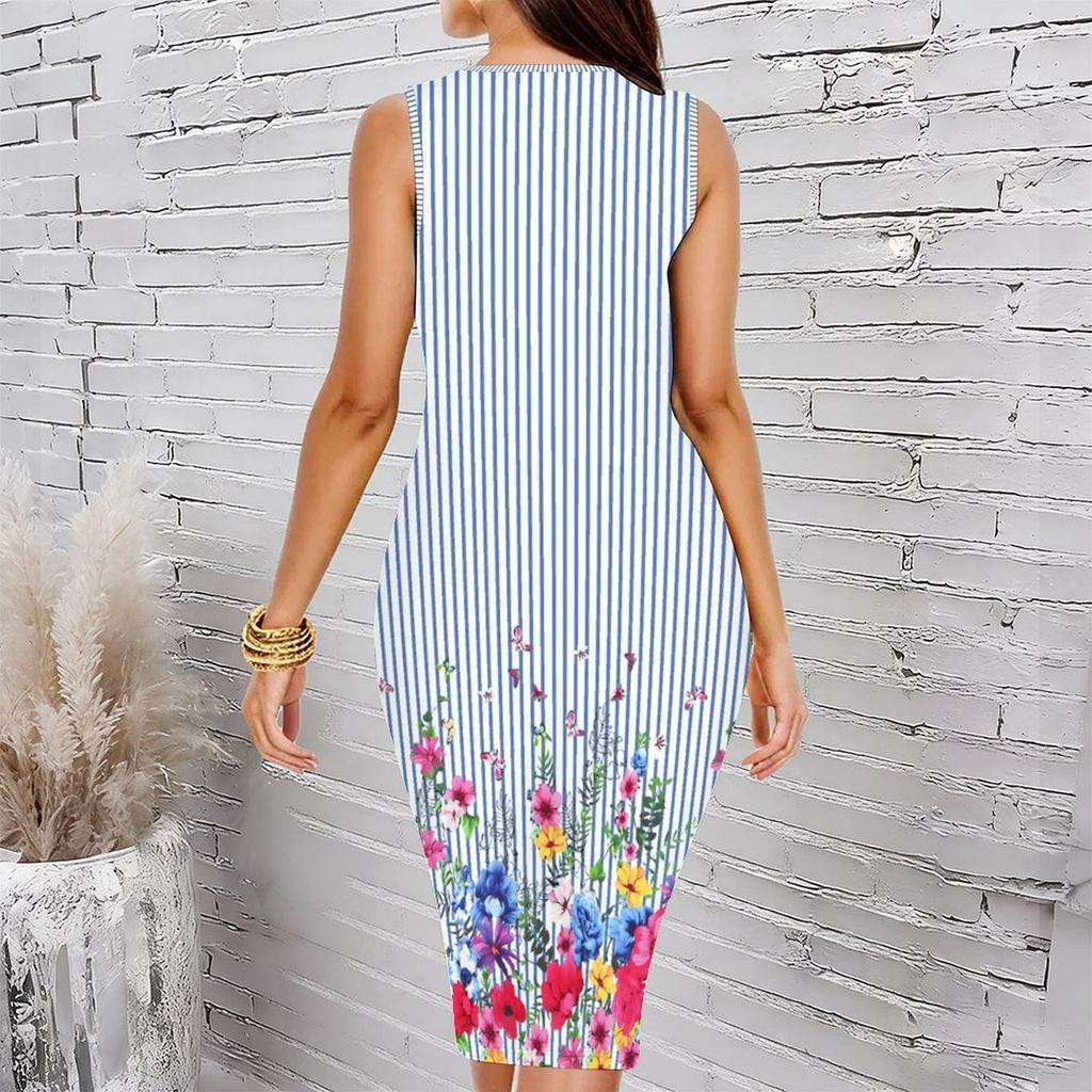 Women Plus Size Sleeveless Round Neck Midi Bodycon Dress Vertical Stripe And Bottom Floral Print Slim Fit Dress
