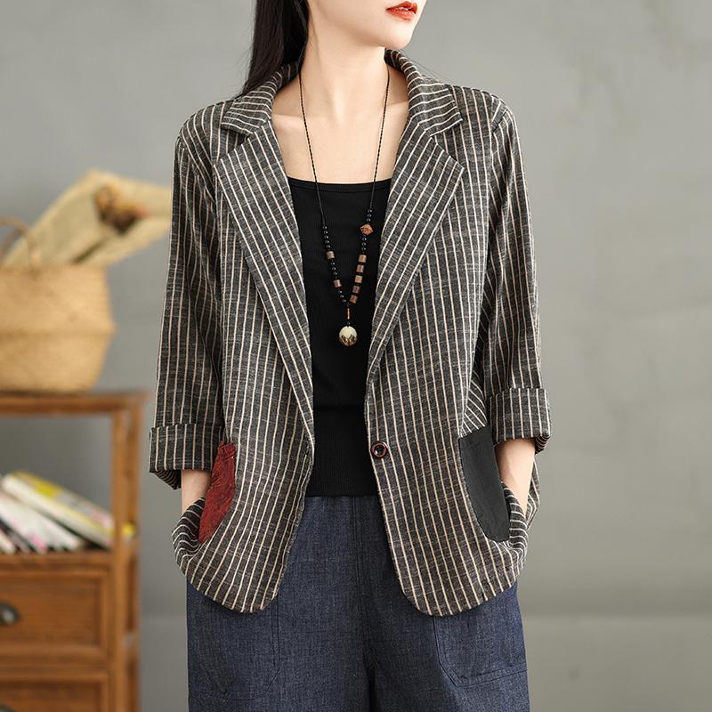 DIMANAF 2024 Plus Size Women New Autumn Basic Stripe Jacket Casual Coat Oversize Fashion Long Sleeve Vintage Loose Tops