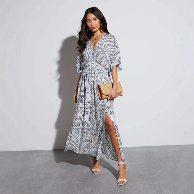 Womens V-Neck Long Dress Floral Print Short Sleeve A-Line Casual