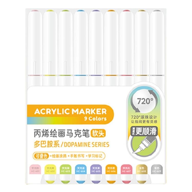 9 Color Acrylic Paint Pen with Brush Tip Liquid Acrylic Paint Marker Pen for Journaling Painting Coloring Card Making