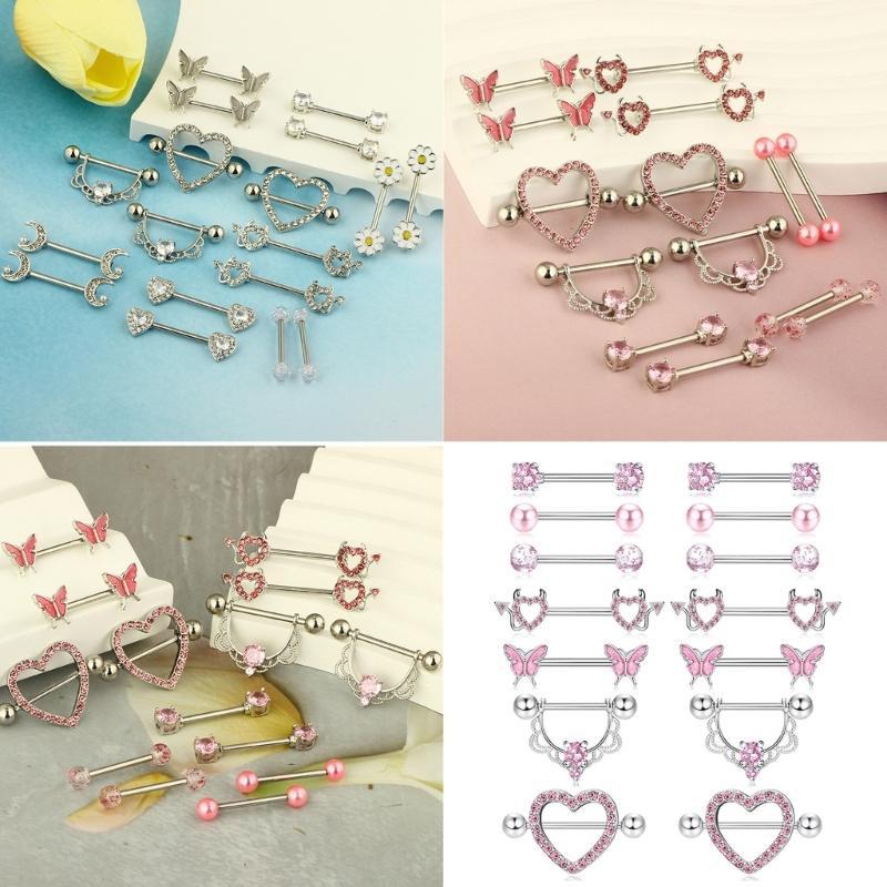 14pcs/Pack Elegant Nipple Bars and Rings Set Elegant Silver Pink Cubic Zirconia Nipple Rings for Trendy Women