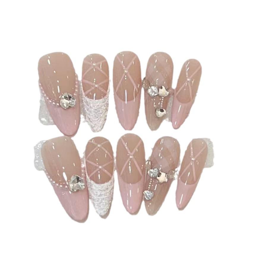 Wearing Armor Handmade Temperament Princess Pink French Gypsum Love Diamond Nail Art Finished Fake Nail Patch Removable