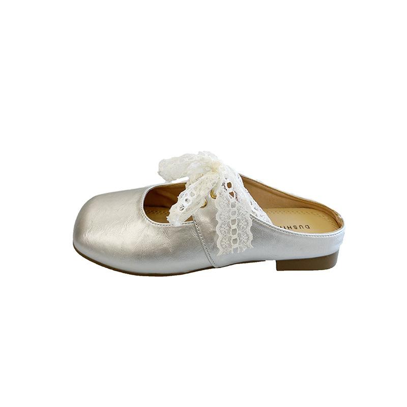 Flat Bottom Gentle Fairy Wind Soft Bottom Bag Head Slippers Female 2025 Summer Square Head French Lace Bow Half Slippers