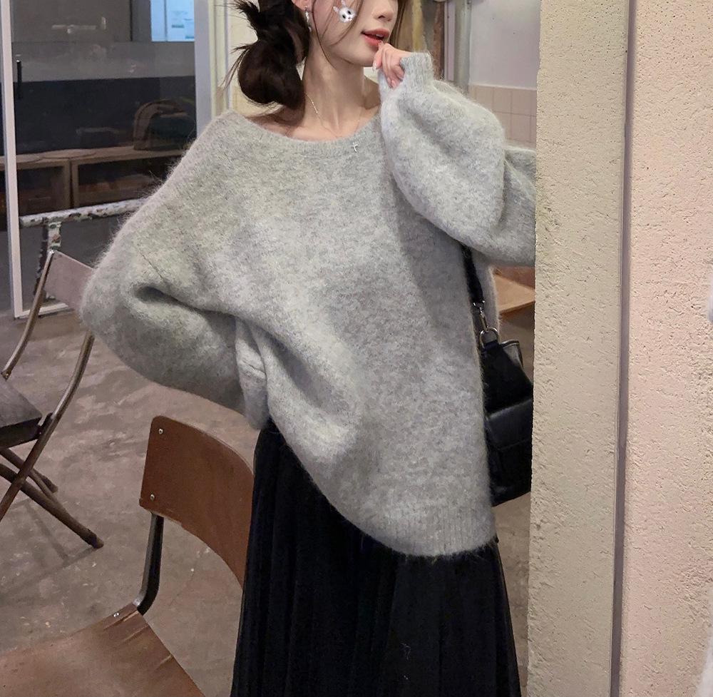 Šedý úpletový svetr s mašlí v korejském stylu: Módní, Zeštíhlující, Streetový styl pro podzimní ženy