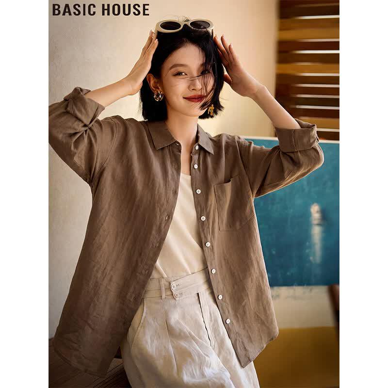 Basic House Women s Tencel Blend Loose Long-Sleeve Shirt M