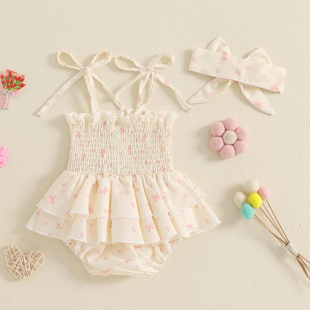 Newborn Girl Outfit, Heart Print Sleeveless Romper Dress with Hairband Summer Clothes