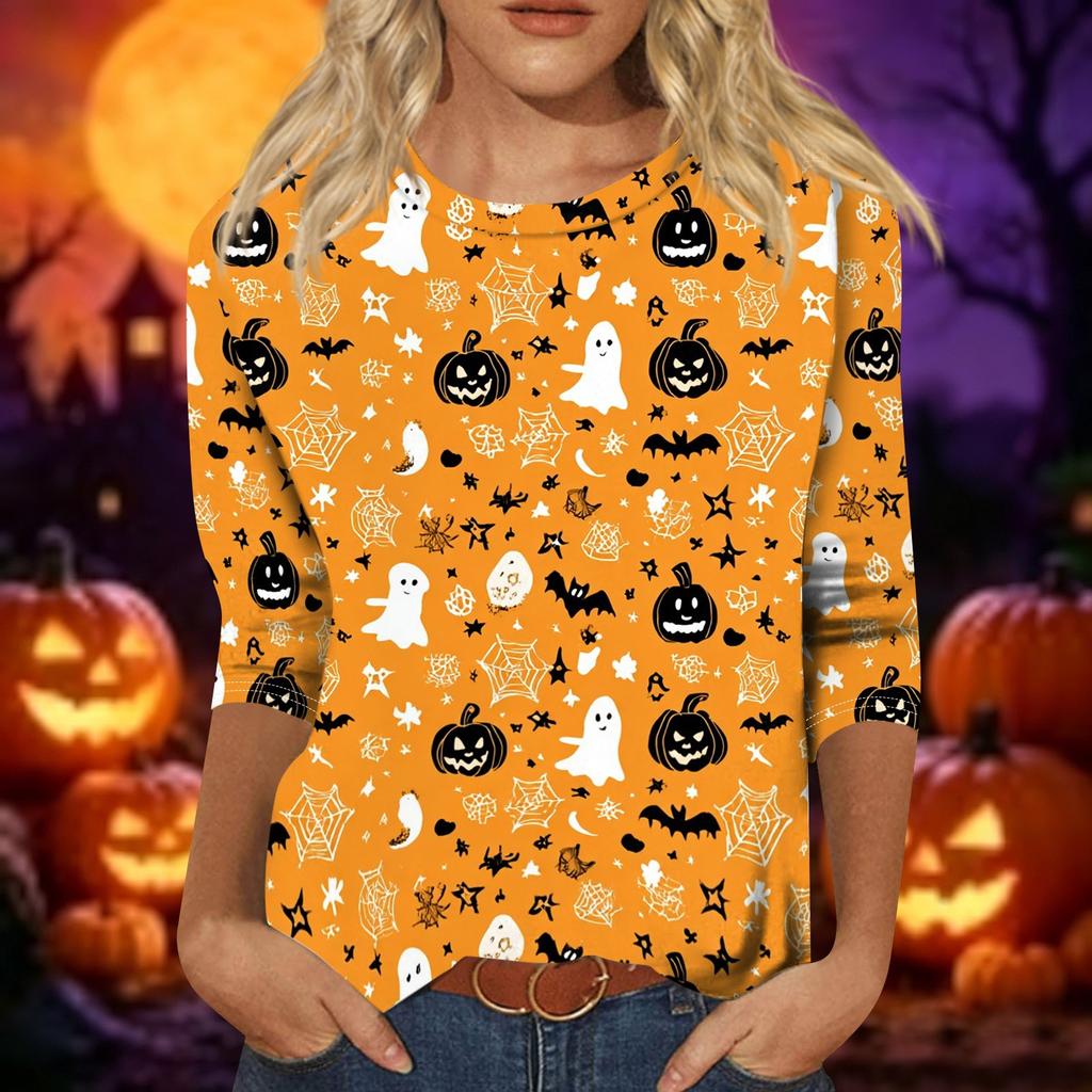 Women's Casual Halloween Print Pullover Top Three Quarter Sleeve Round Neck Shirt Lightweight Comfortable Fabric