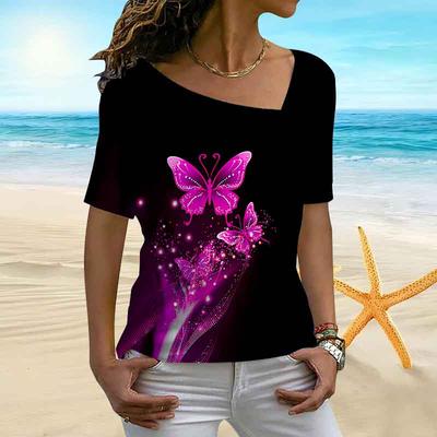 Women's 3D Dark Butterfly Print Irregular Collar Short Sleeved Undershirt Women's T-shirt