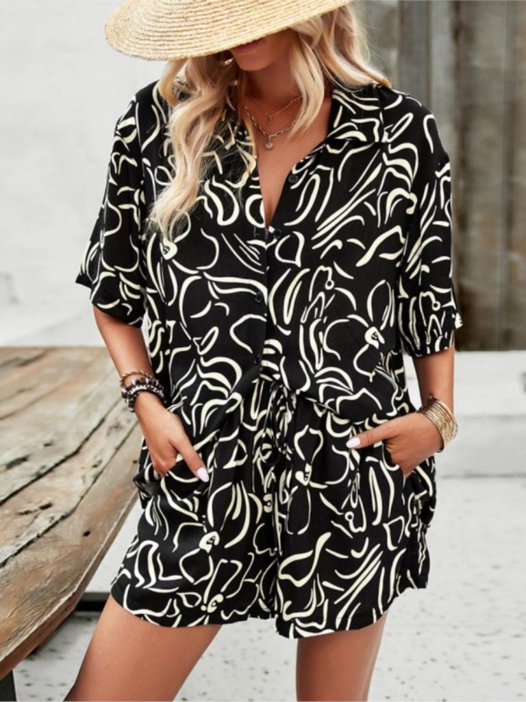 Women's Spring Summer New Fashionable Printed Button Shirt Strap Waist Shorts Set Casual Comfortable Collar Two Piece Set