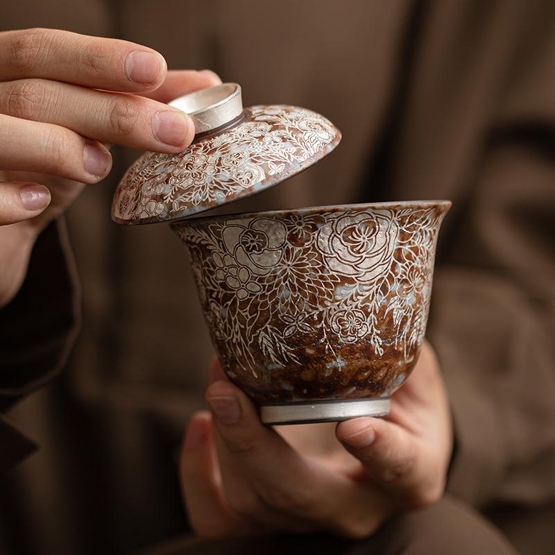 Old Rock Mud Teacups Flower Gilded Silver Gaiwan Chinese Kung Fu Teaware Stoneware Retro Tea Tureen Japanese Ceramic Drinkware