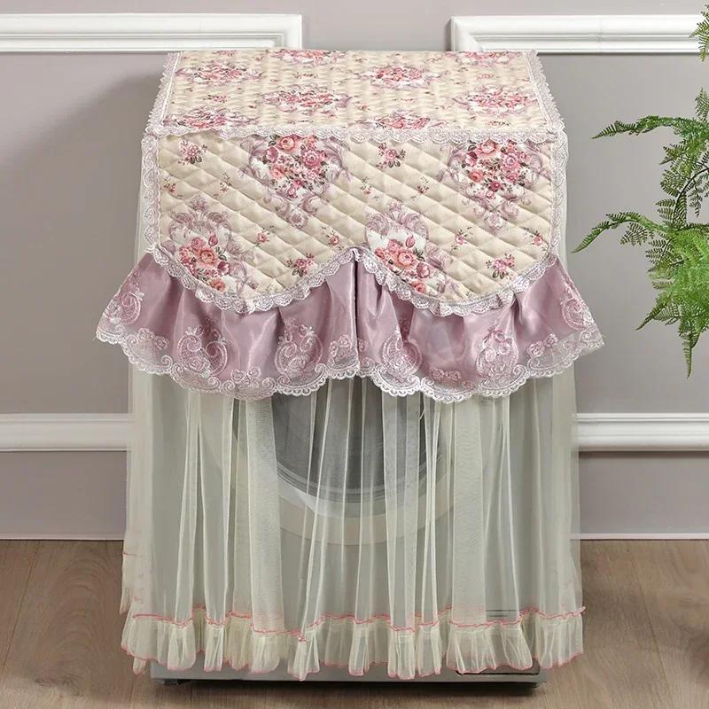 Washing Machine Cover Universal Washing Machine Cover with Roller and Wave Wheel Upflip Washing Machine Dustproof Lace Cover