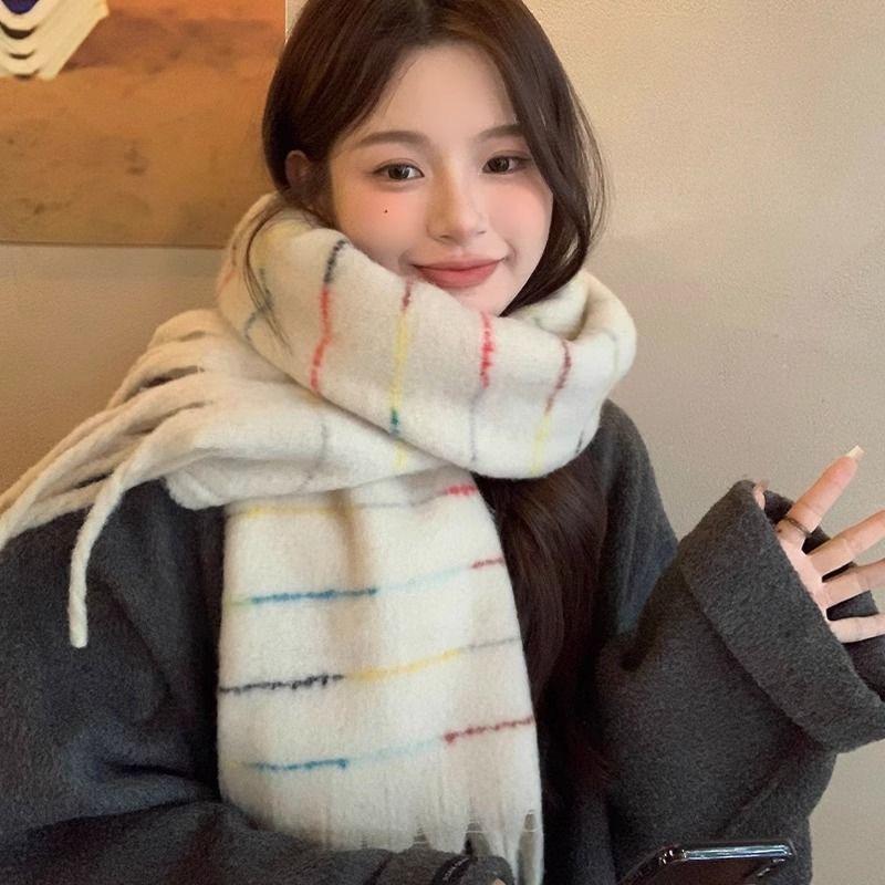 New High Sweet Plaid Dopamine Rainbow Gradient Striped Scarf for Women Autumn and Winter Warm Korean Student Sweet Scarf