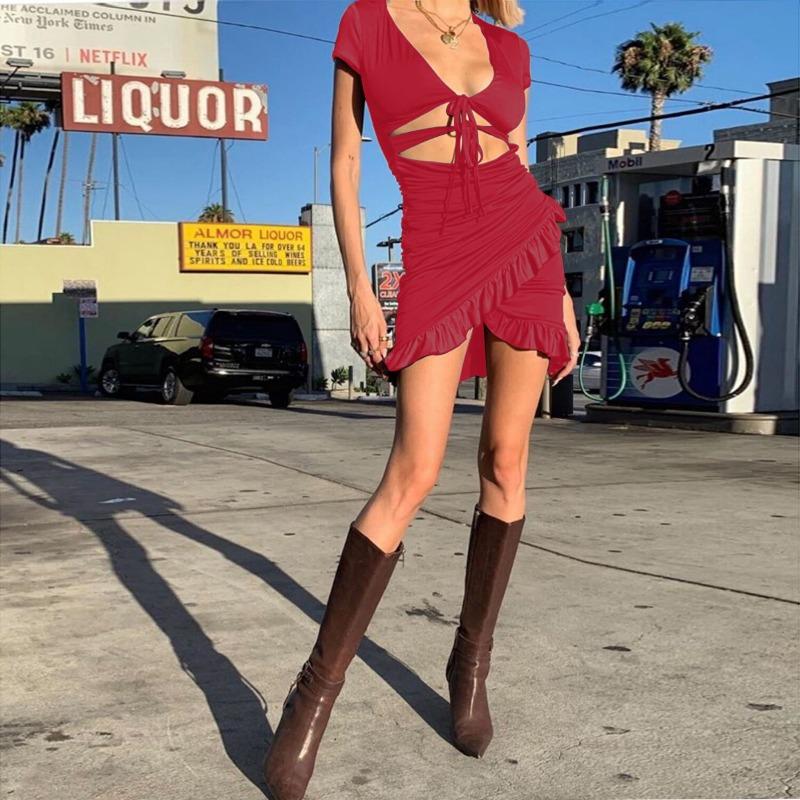 Women's Deep V-neck Hollowed-out Peplum Wrap Hip Sexy Dress