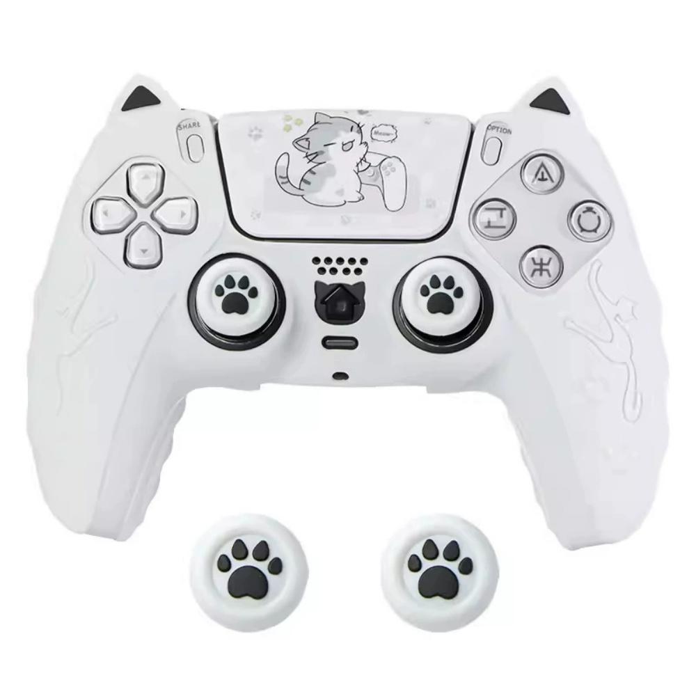 Uroczy Kot Silikonowy Miękki Naklejka Ochronna Skin Na Kontroler Playstation 5 PS5 Nakładka na Drążek Kciuka Pokrowiec Silikonowy biały
