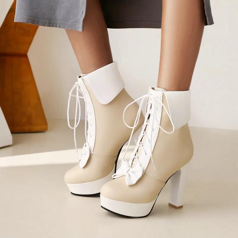 Cizme scurte pentru femei, cu fundă, cu tocuri înalte, noi patru anotimpuri, prințesă, impermeabile, antiderapante, pentru petrecere, pantofi casual de lux