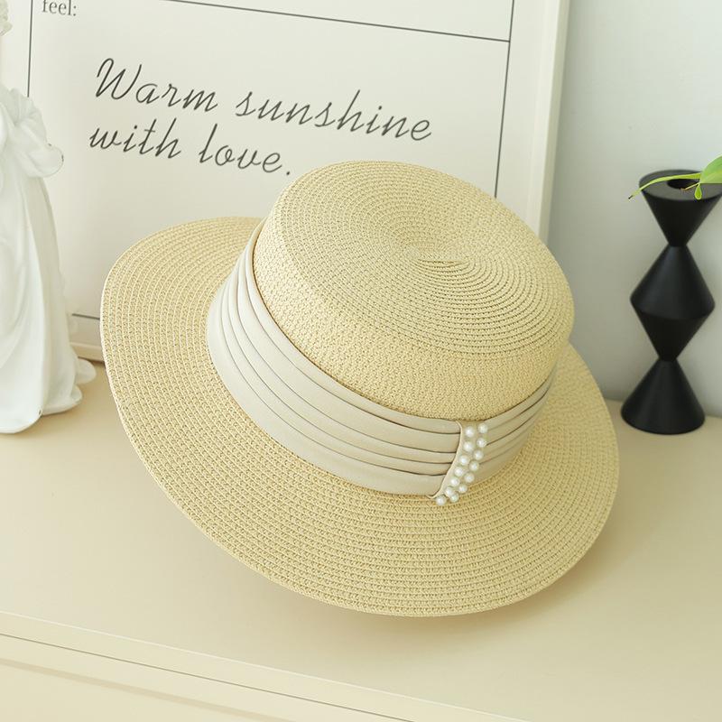 French Flat Top Straw Hat Women's Premium Top Hat Straw Hat Sunscreen Visor Hat Big Brim Straw Hat Seaside Beach Hat