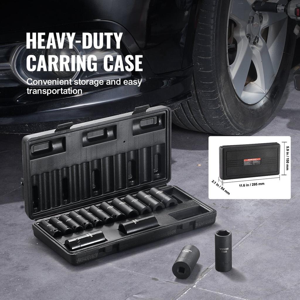 Impact Sockets Set 15pcs 6-Point 3/8in Drive Bit Ratchet Tool Kit Case