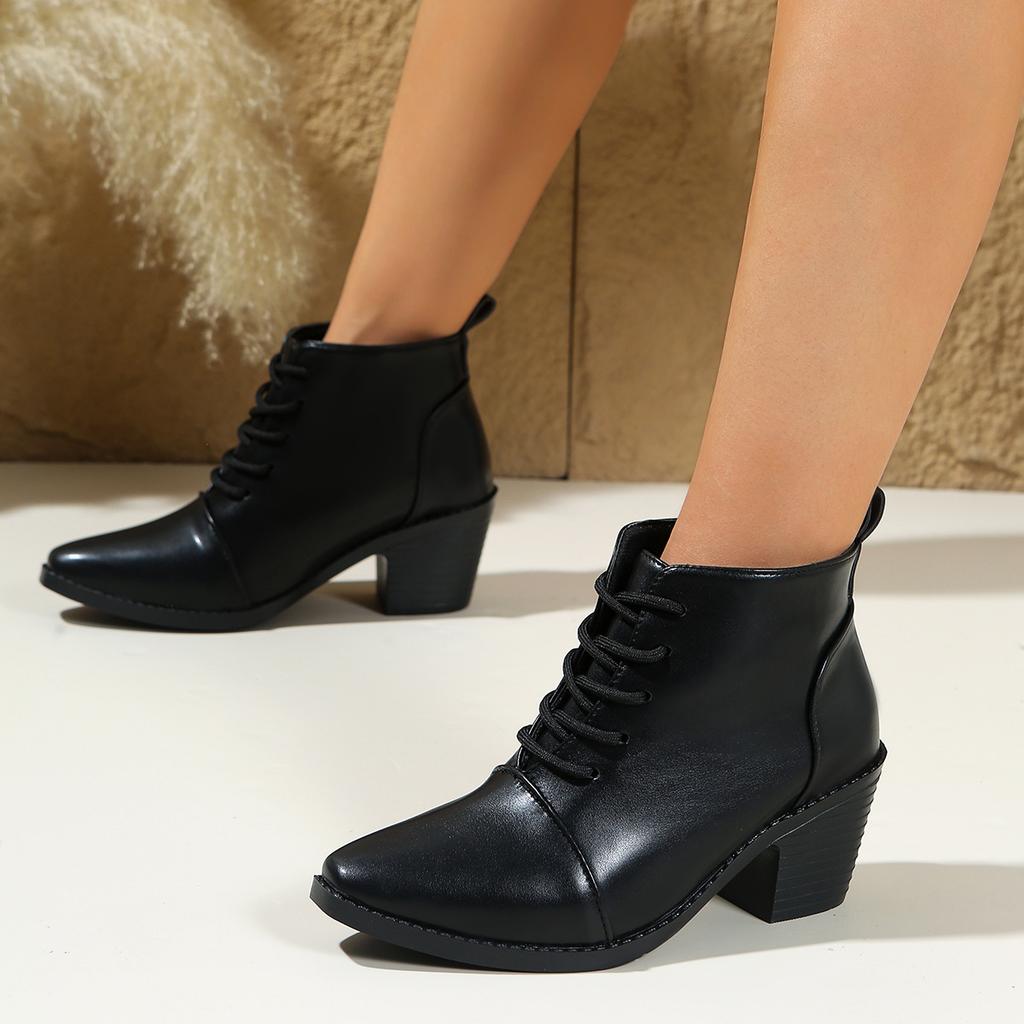 British Style Lace-up Mid-heel Boots 2025 Winter New Thick-heeled Large Size Pointed Martin Boots for Women