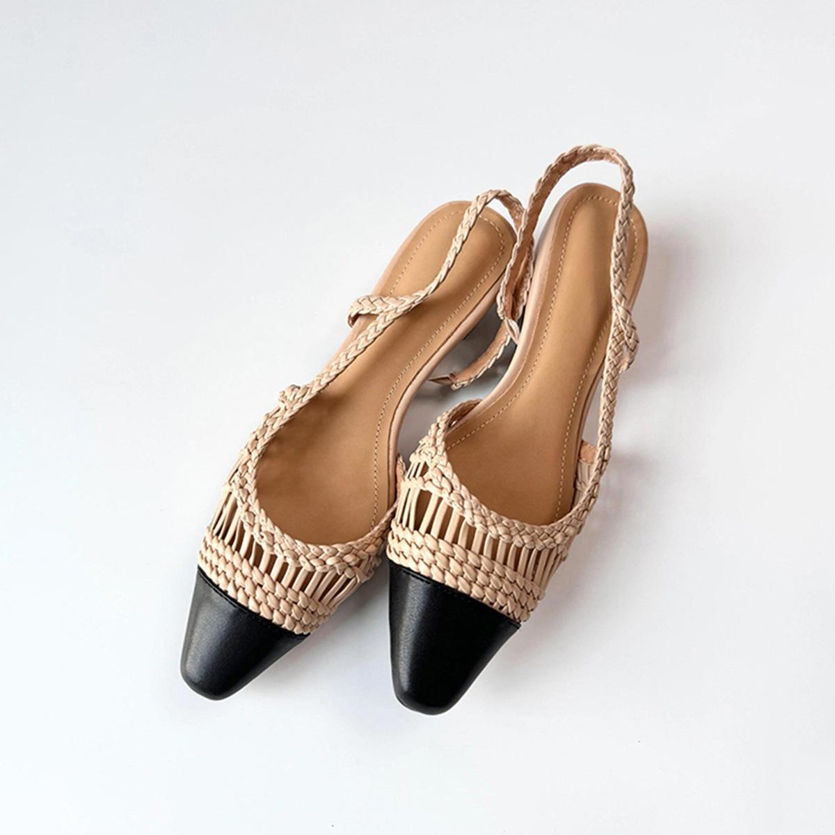 

Sheepskin version~ 2025 new hollow woven small square head thick heel empty splicing bag head sandals women 40