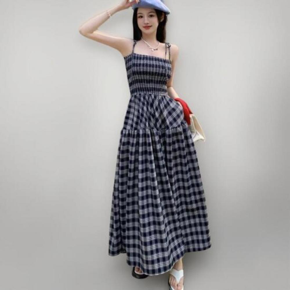 New ArrivAlS Open Run Women S Check PAttern buStier A Line Long dreSS