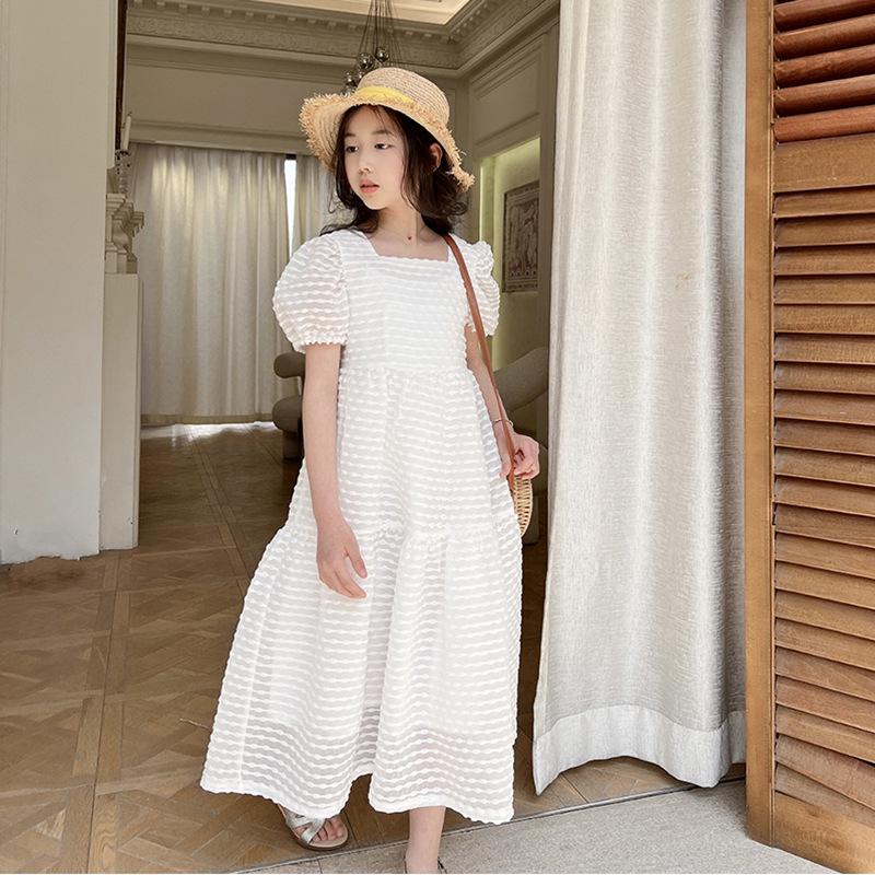23 Summer Girls' Formal Square Neck Princess Long Dress - Fashionable Sweet Performance Outfit for Middle and Big Children