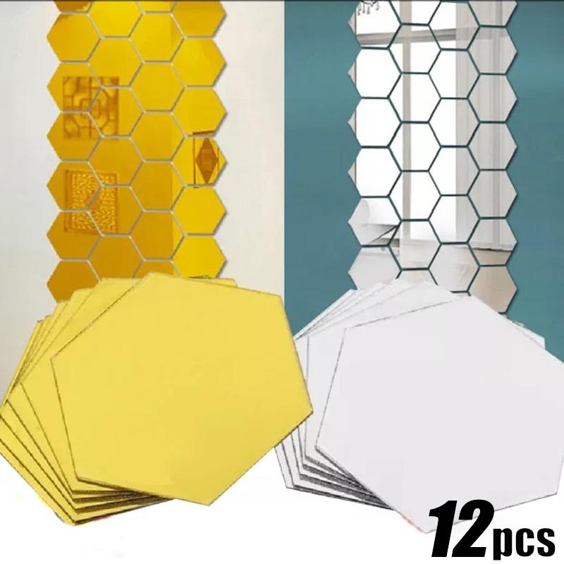 6/12pcs 3D Mirror Wall Stickers Hexagon Shape Acrylic Removable Wall Sticker Decal DIY Home Decoration Art Mirror Ornaments