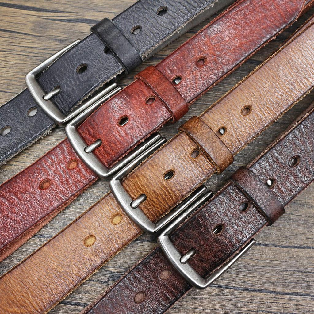 Men's 3.8CM Washable Distressed Leather Belt, Top Layer Cowhide Pin Buckle for Casual Jeans