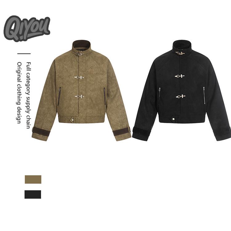 QIYOU 2026 Spring Retro Stand Collar Printed Casual Jacket with Metal Airplane Buckle