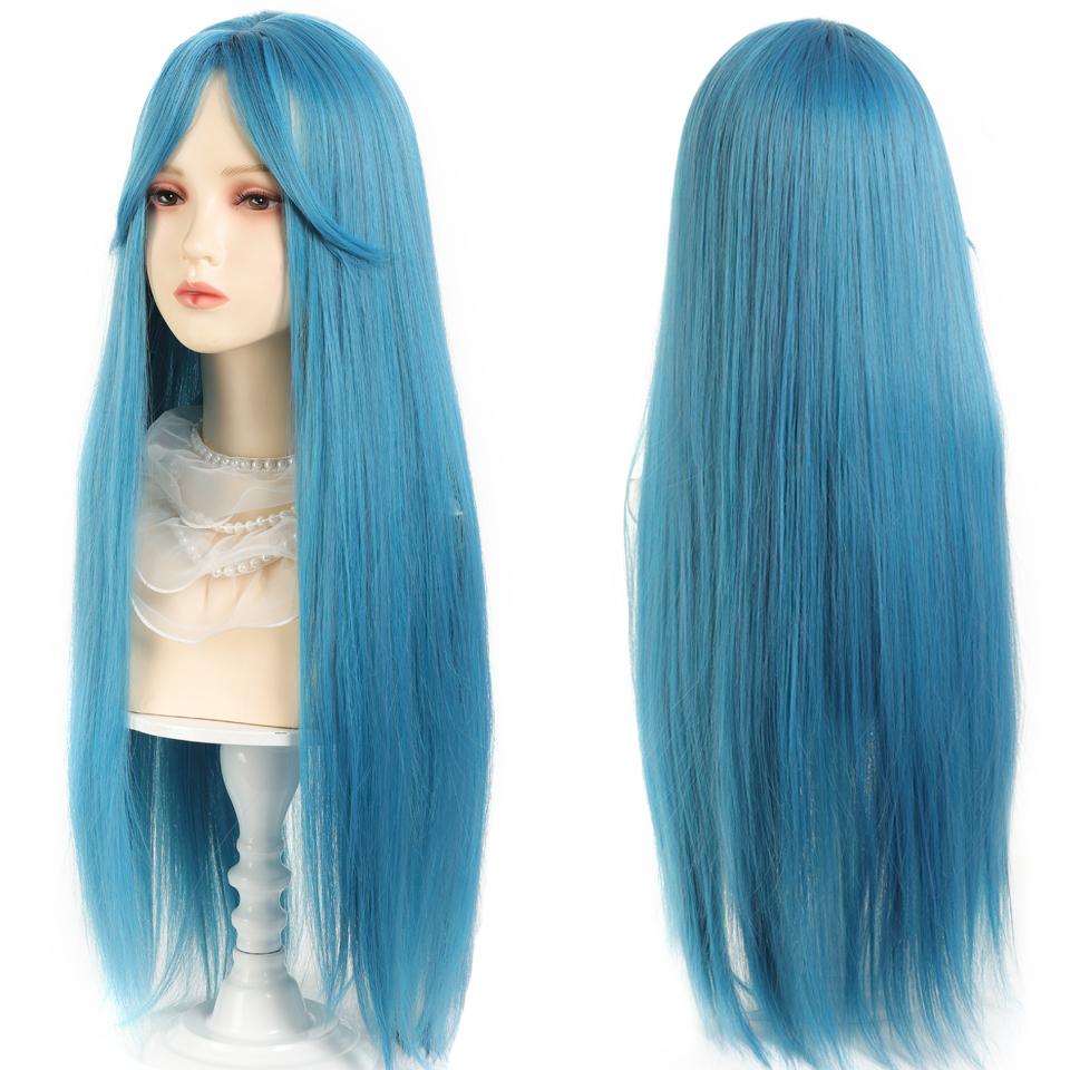 Y2K Synthetic Lolita Cosplay Wig Green Blue Hair for Cosplay Party Long Straight Wigs for Women Blue Green Highlight Dyed Bangs