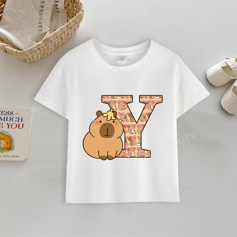 

Футболка с капибарой, принт букв от A до Z, топы, милый мультяшный аниме, одежда для мальчиков и девочек, хлопок, круглый вырез, для малышей, с коротким рукавом, для улицы 150