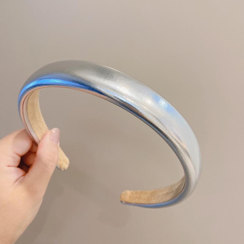 Popular Black Silver Synthetic Leather Sponge Padded Headbands for Women Girls Casual Shopping Party Headpiece Ins Hair Hoop