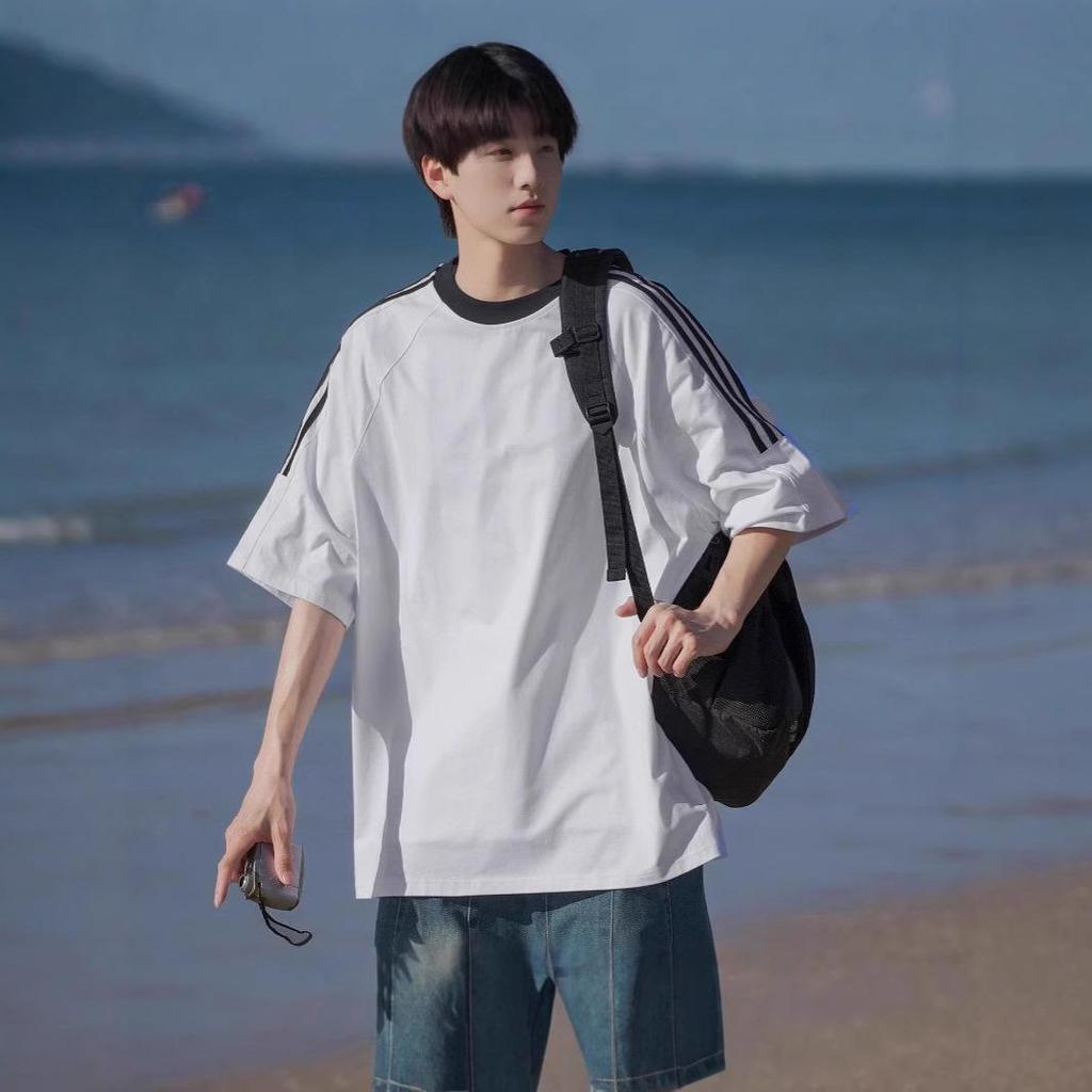 Mens Summer Updated Versatile Heavy Three-bar Striped Short-sleeved T-shirt for Mens American Comfortable Fit Mens Top