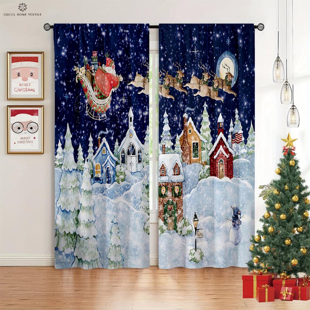 Cartoon Weihnachten Schneemann Weihnachtsmann Druck Fenster Vorhang, Schlafzimmer, Wohnzimmer, Neujahrsdekoration, Weihnachtsgeschenk, 2 Stück