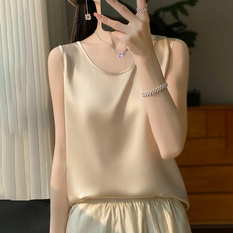 Champagne satin sleeveless vest women's spring and summer new outer wear short round neck inner top T-shirt