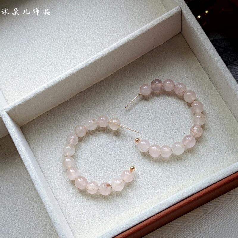 Women s Original Natural Rose Quartz Amethyst Amazonite Crystal Rhinestone C-Shape Hoop Earrings розовый кварц
