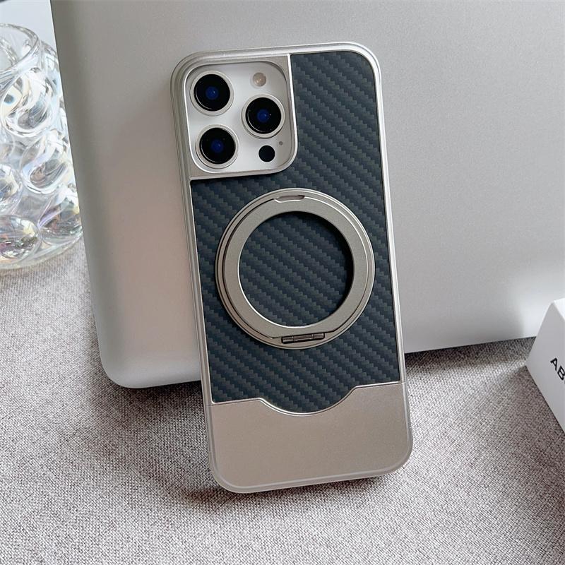 Magnetic Push-Pull 360 Rotate Bracket Metal Phone Case For iPhone 14 15 16 Pro Max Magsafe Carbon Fiber Texture Shockproof Cover