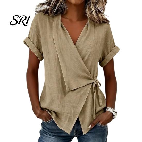 Seitenbindebluse Damen Oberteile V-Ausschnitt Kurzarm Einfarbige Bluse mit Sommer Unregelmäßiger Lockere Passform T-Shirt Tägliches Oberteil