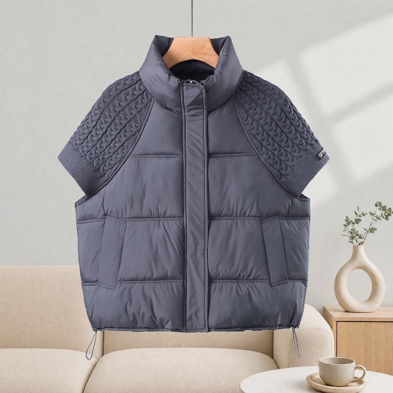 Fashion Knitted Stitching Stand-up Collar Cotton Vest Women Autumn Winter Short Warm Loose Sleeveless Ladies Waistcoat Coat
