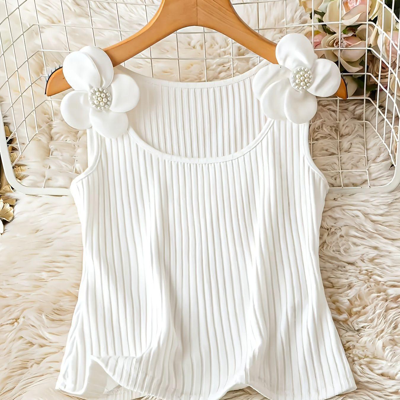Plus Size Women s Elegant Spring/Summer Ribbed Knit Sleeveless Tank Top with Pearl & Flower Details 2XL белый