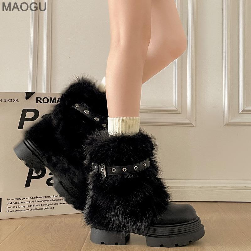 Fashion Cool Brown Fur Round Toe Ankle Boots Versatile Belt Buckle Design Stylish Winter Short Boots Bottes Femmes Size 35-40