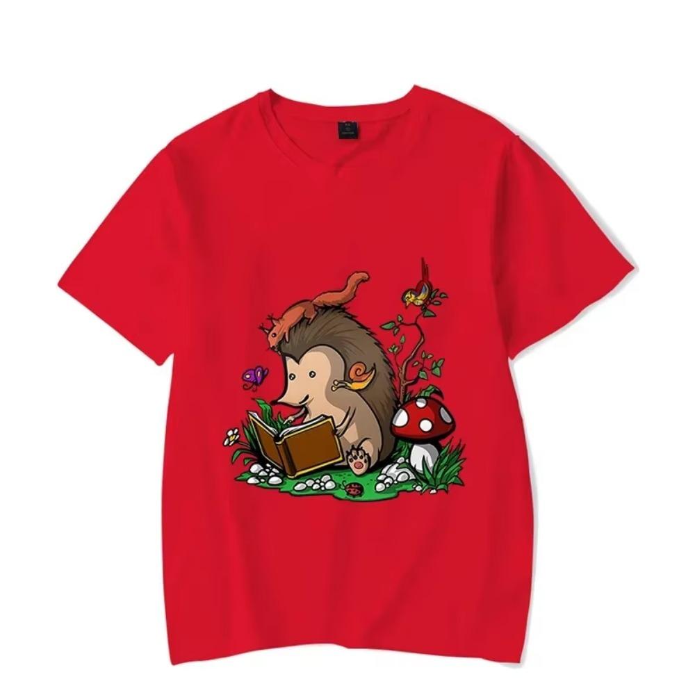 New Trendy Men T-shirt Hedgehog Reading Book Funny Men Oversized T-shirts Short Sleeve Tops Black Brand Tee Summer Fashion Shirt